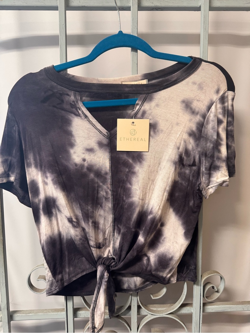 Ethereal Black & Cream Tie-Dye Knot Front Crop Top